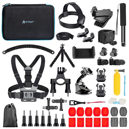 Artman Action Camera Accessories Kit 60-In-1 for GoPro Hero 13 12 11 10 9 Insta360 X4 X3 X2 GO3S DJI OSMO Action 5 4 3 SJCAM DBPOWER AKASO VicTsing APEMAN WiMiUS QUMOX Lightdow Campark Sony Sports DV