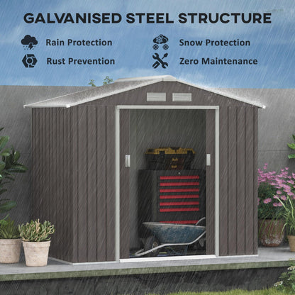 Outsunny 9 x 6ft Metal Garden Shed, Outdoor Storage Tool House with Ventilation Slots, Foundation Kit and Lockable Double Doors, Brown