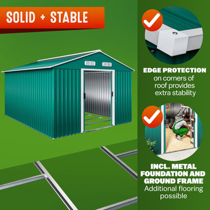 XXXL 8x10' Metal Tool Shed With Foundation | 8m² 15m² | Apex Roof | 312x257x178cm | Sliding Door | Galvanised Steel Garden Equipment Bike Log Storage | Green