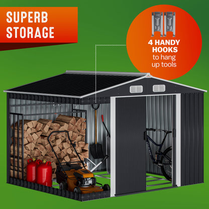 XXXL 8x10' Metal Tool Shed With Foundation | 8m² 15m² | Apex Roof | 312x257x178cm | Sliding Door | Galvanised Steel Garden Equipment Bike Log Storage | Green