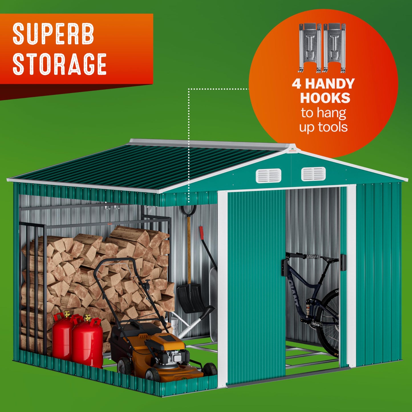 XXXL 8x10' Metal Tool Shed With Foundation | 8m² 15m² | Apex Roof | 312x257x178cm | Sliding Door | Galvanised Steel Garden Equipment Bike Log Storage | Green