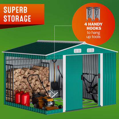 XXXL 8x10' Metal Tool Shed With Foundation | 8m² 15m² | Apex Roof | 312x257x178cm | Sliding Door | Galvanised Steel Garden Equipment Bike Log Storage | Green