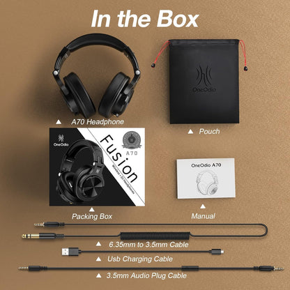 OneOdio A70 Bluetooth Headphones Over Ear, 72 Hrs Playtime, Monitor Level Stereo Sound Quality, Foldable Wireless＆Wired DJ Headphone, Professional Studio Headphones for DJ/TV/PC/Phone