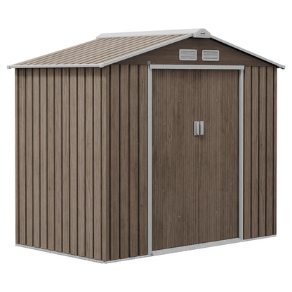 Outsunny 9 x 6ft Metal Garden Shed, Outdoor Storage Tool House with Ventilation Slots, Foundation Kit and Lockable Double Doors, Brown