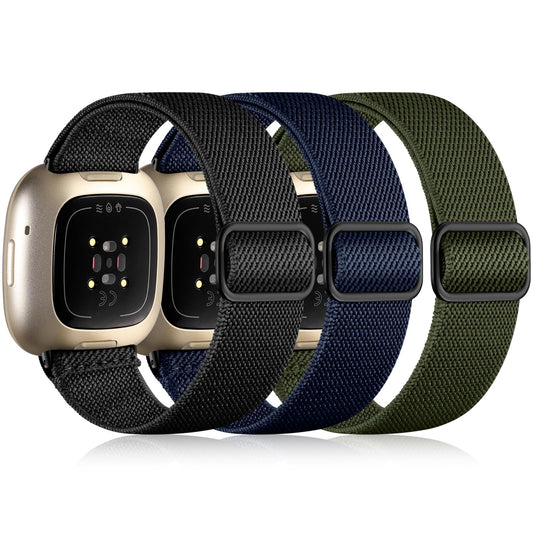 3 Pack Compatible with Fitbit Versa 4/3/Sense Strap, Soft Elastic Nylon Sport Replacement Band for Women & Men
