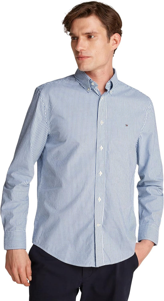 Tommy Hilfiger Men’s Flex Poplin Classic Regular Fit Shirt, Multicolor (Wedge Blue/Optic White), M