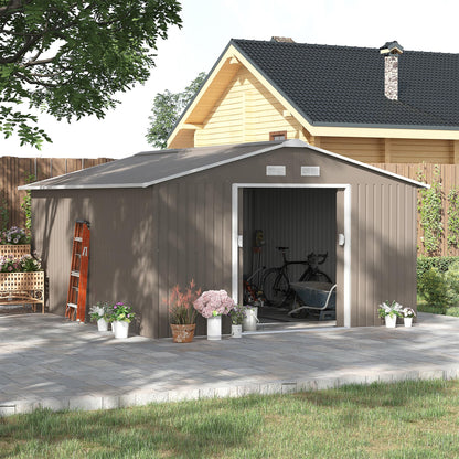 Outsunny 9 x 6ft Metal Garden Shed, Outdoor Storage Tool House with Ventilation Slots, Foundation Kit and Lockable Double Doors, Brown