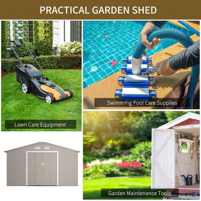 Outsunny 9 x 6ft Metal Garden Shed, Outdoor Storage Tool House with Ventilation Slots, Foundation Kit and Lockable Double Doors, Brown