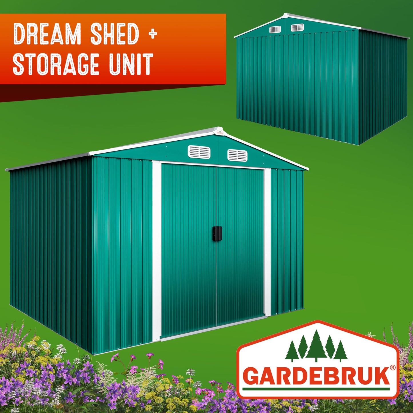 XXXL 8x10' Metal Tool Shed With Foundation | 8m² 15m² | Apex Roof | 312x257x178cm | Sliding Door | Galvanised Steel Garden Equipment Bike Log Storage | Green