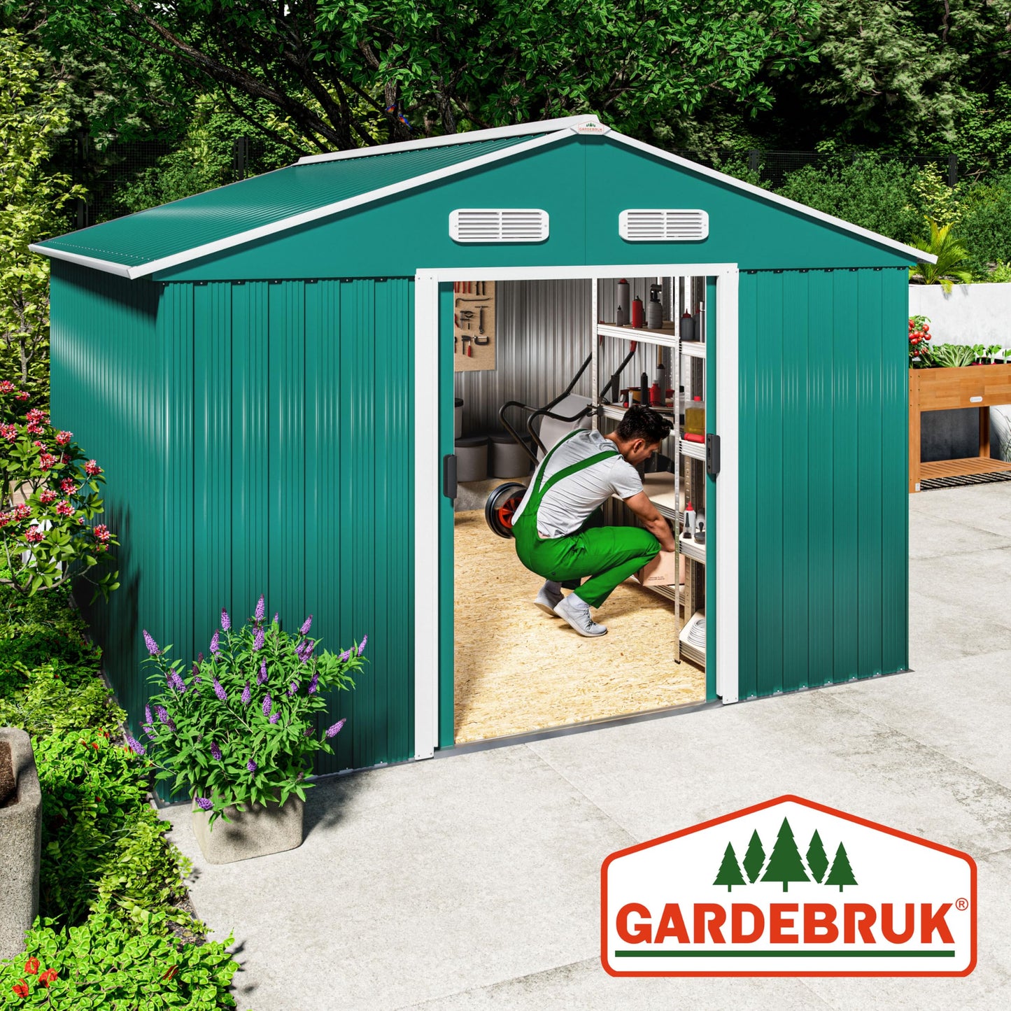 XXXL 8x10' Metal Tool Shed With Foundation | 8m² 15m² | Apex Roof | 312x257x178cm | Sliding Door | Galvanised Steel Garden Equipment Bike Log Storage | Green