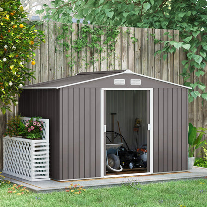 Outsunny 9 x 6ft Metal Garden Shed, Outdoor Storage Tool House with Ventilation Slots, Foundation Kit and Lockable Double Doors, Brown