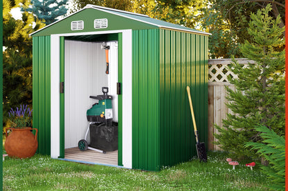 XXXL 8x10' Metal Tool Shed With Foundation | 8m² 15m² | Apex Roof | 312x257x178cm | Sliding Door | Galvanised Steel Garden Equipment Bike Log Storage | Green
