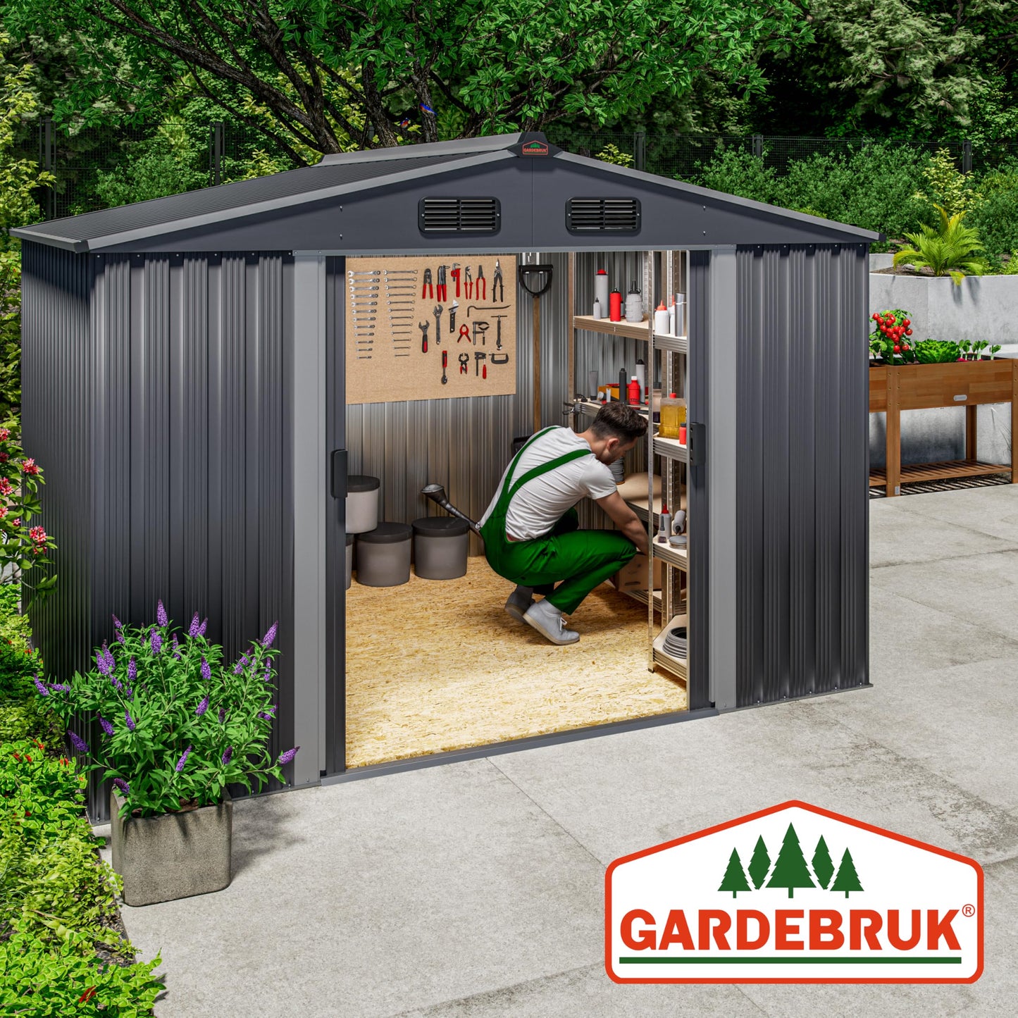 XXXL 8x10' Metal Tool Shed With Foundation | 8m² 15m² | Apex Roof | 312x257x178cm | Sliding Door | Galvanised Steel Garden Equipment Bike Log Storage | Green