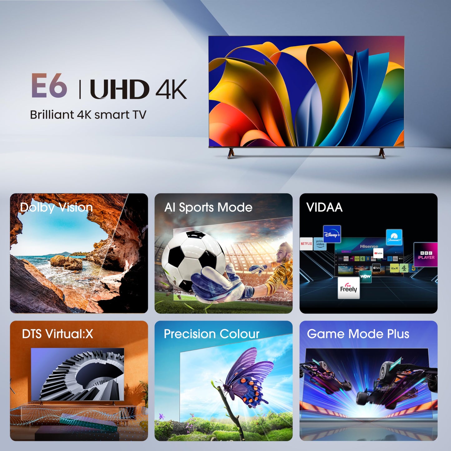 Hisense 43 Inch 4K Smart TV 43E6NTUK - Dolby Vision, Game Mode PLUS with 60Hz VRR ALLM, Smooth Motion, AI Sports Mode, Vidaa OS with Freely, Youtube, Netflix and Disney+ & Now TV (2024 Model)