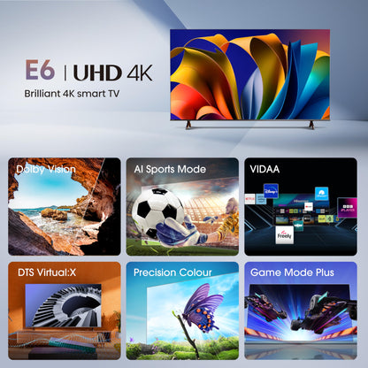 Hisense 43 Inch 4K Smart TV 43E6NTUK - Dolby Vision, Game Mode PLUS with 60Hz VRR ALLM, Smooth Motion, AI Sports Mode, Vidaa OS with Freely, Youtube, Netflix and Disney+ & Now TV (2024 Model)