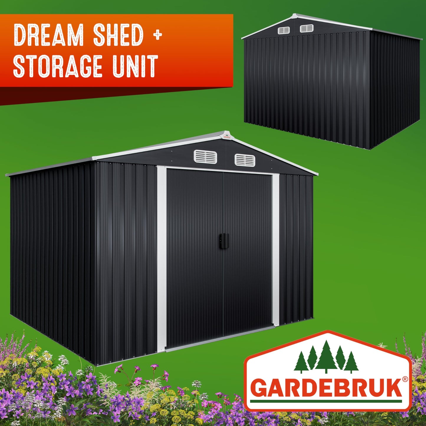 XXXL 8x10' Metal Tool Shed With Foundation | 8m² 15m² | Apex Roof | 312x257x178cm | Sliding Door | Galvanised Steel Garden Equipment Bike Log Storage | Green