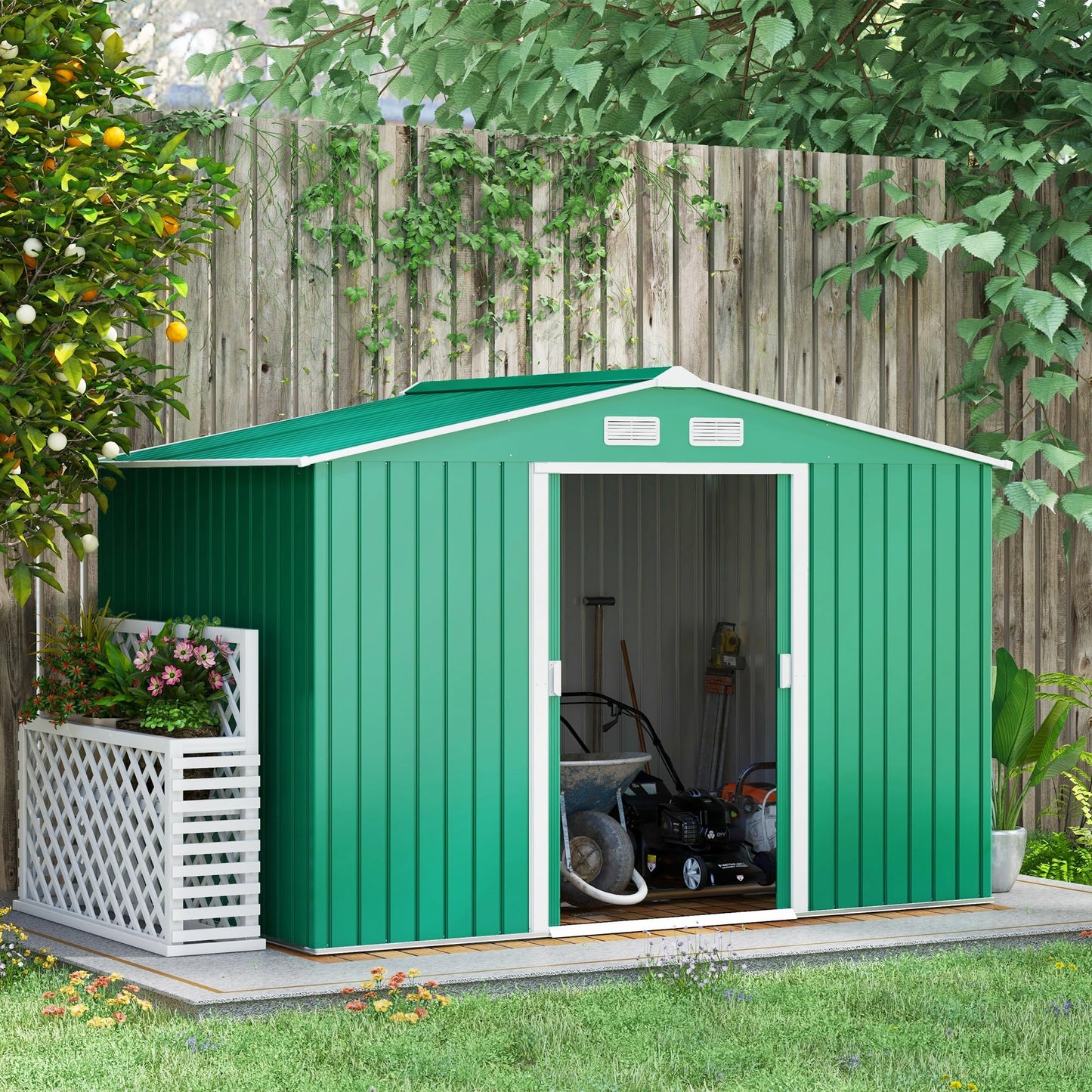 Outsunny 9 x 6ft Metal Garden Shed, Outdoor Storage Tool House with Ventilation Slots, Foundation Kit and Lockable Double Doors, Brown