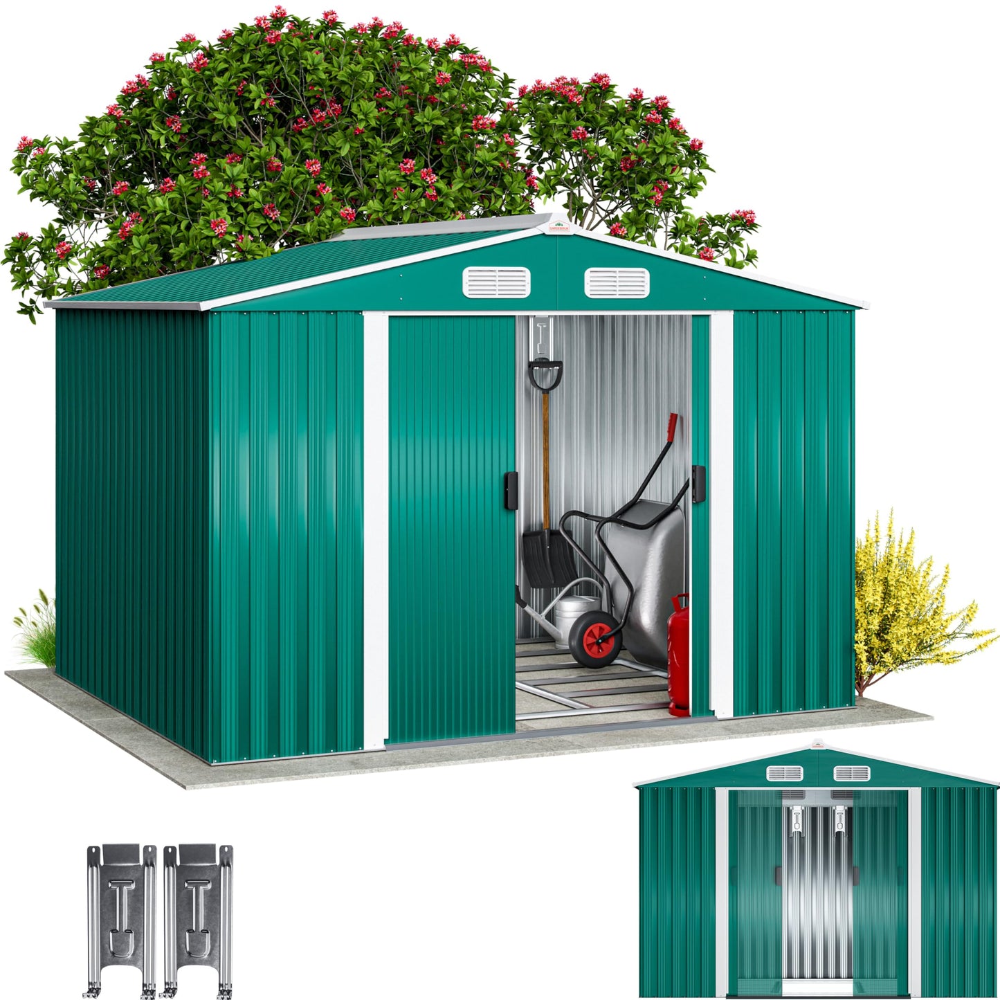 XXXL 8x10' Metal Tool Shed With Foundation | 8m² 15m² | Apex Roof | 312x257x178cm | Sliding Door | Galvanised Steel Garden Equipment Bike Log Storage | Green