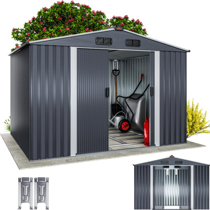 XXXL 8x10' Metal Tool Shed With Foundation | 8m² 15m² | Apex Roof | 312x257x178cm | Sliding Door | Galvanised Steel Garden Equipment Bike Log Storage | Green