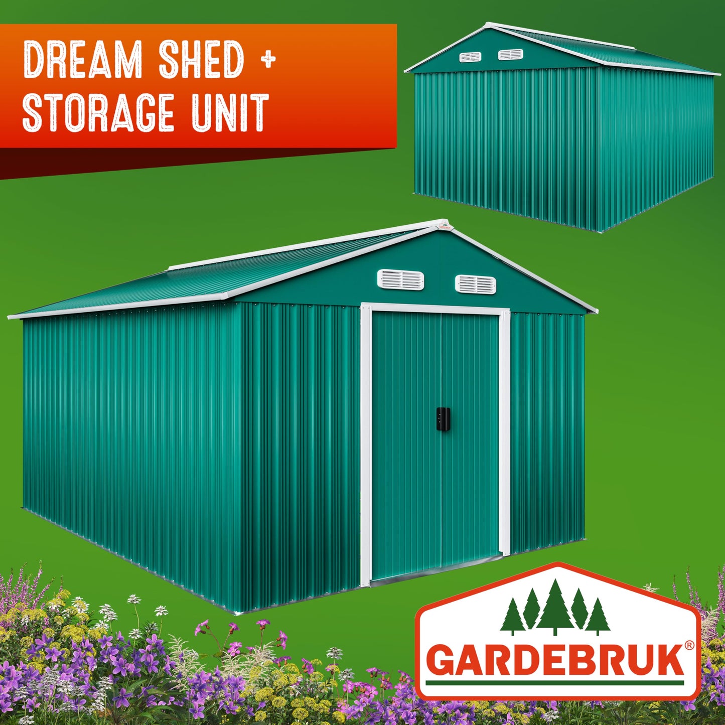 XXXL 8x10' Metal Tool Shed With Foundation | 8m² 15m² | Apex Roof | 312x257x178cm | Sliding Door | Galvanised Steel Garden Equipment Bike Log Storage | Green